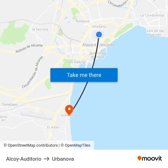 Alcoy-Auditorio to Urbanova map