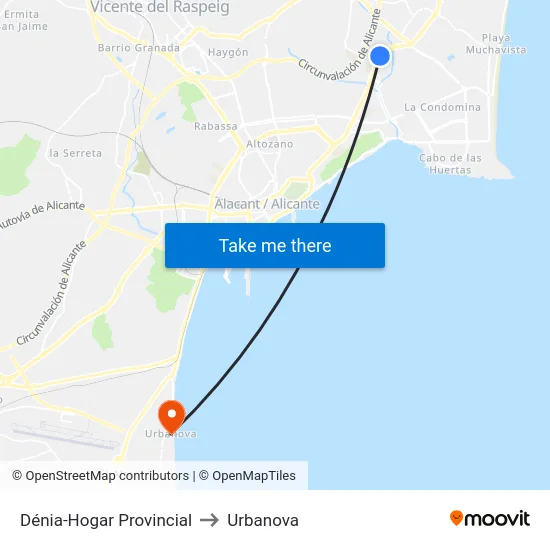Dénia-Hogar Provincial to Urbanova map