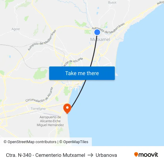Ctra. N-340 - Cementerio Mutxamel to Urbanova map