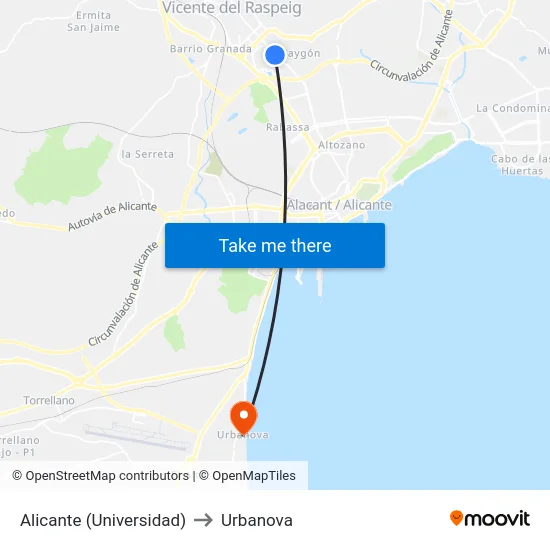 Alicante (Universidad) to Urbanova map