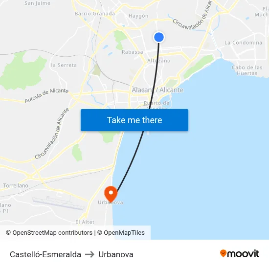 Castelló-Esmeralda to Urbanova map