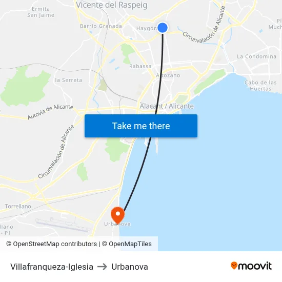 Villafranqueza-Iglesia to Urbanova map