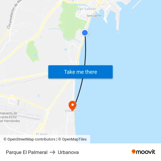 Parque El Palmeral to Urbanova map