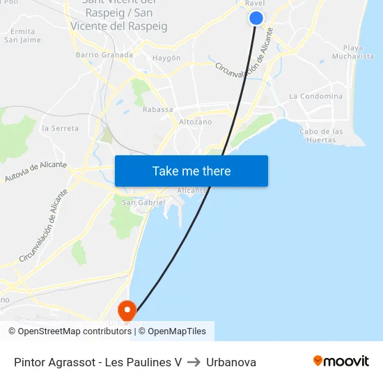Pintor Agrassot - Les Paulines V to Urbanova map