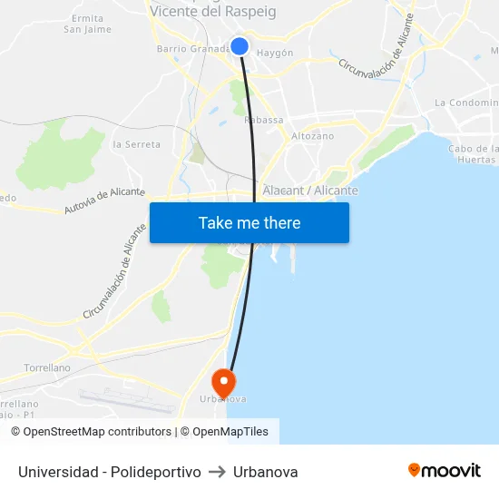 Universidad - Polideportivo to Urbanova map