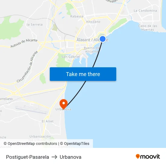 Postiguet-Pasarela to Urbanova map