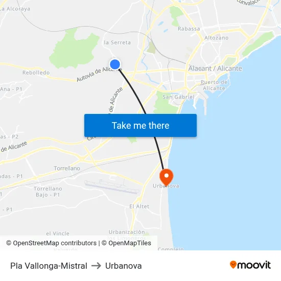 Pla Vallonga-Mistral to Urbanova map