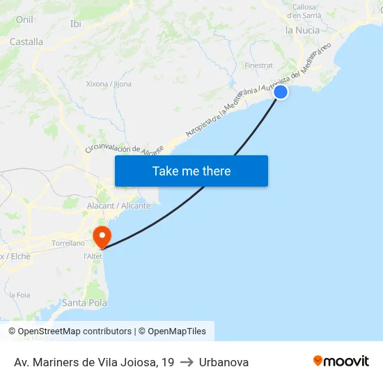 Av. Mariners de Vila Joiosa, 19 to Urbanova map
