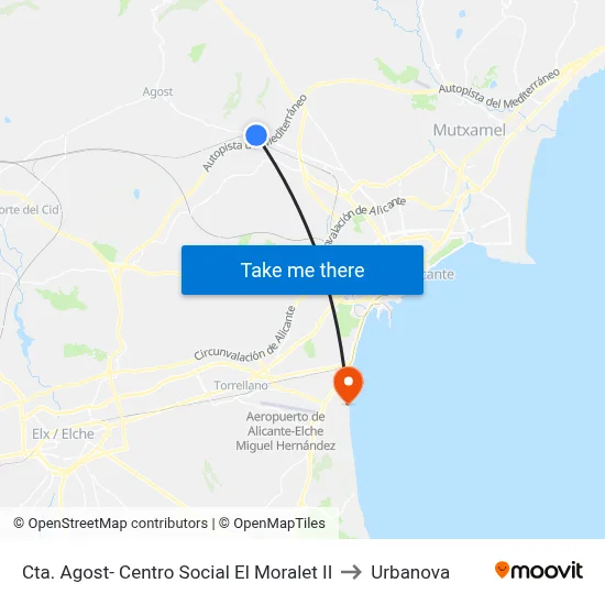 Cta. Agost- Centro Social El Moralet II to Urbanova map