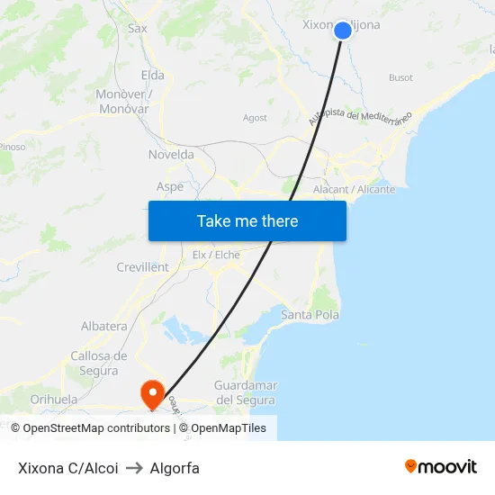 Xixona C/Alcoi to Algorfa map