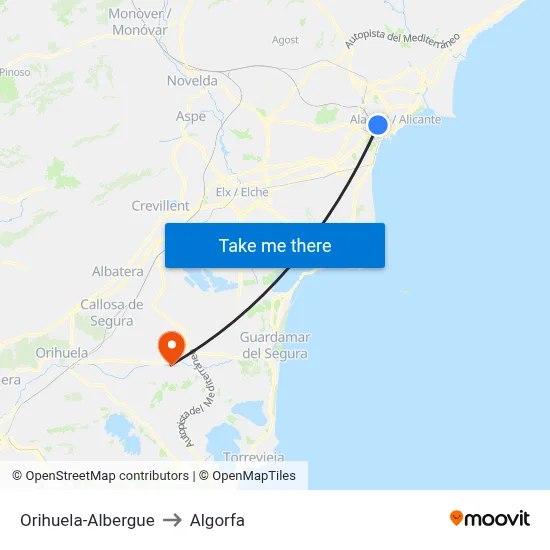 Orihuela-Albergue to Algorfa map