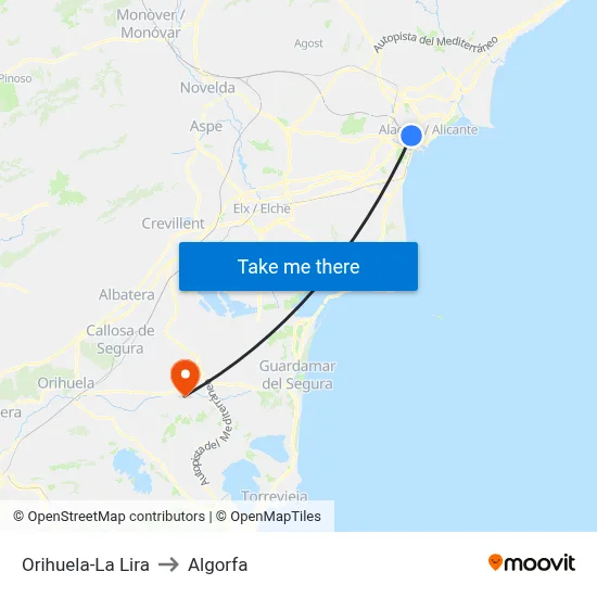 Orihuela-La Lira to Algorfa map