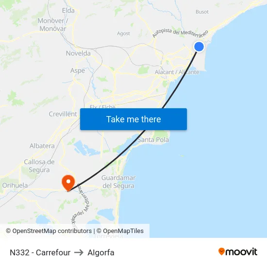 N332 - Carrefour to Algorfa map