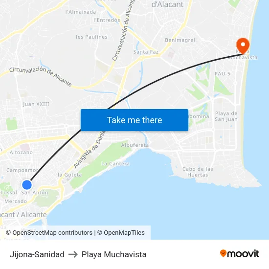 Jijona-Sanidad to Playa Muchavista map