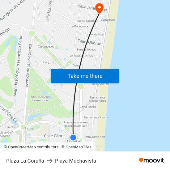 Plaza La Coruña to Playa Muchavista map