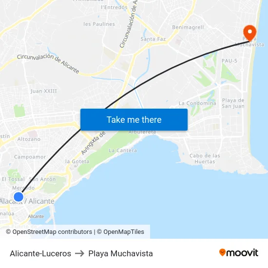 Alicante-Luceros to Playa Muchavista map