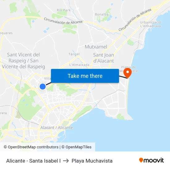 Alicante - Santa Isabel I to Playa Muchavista map