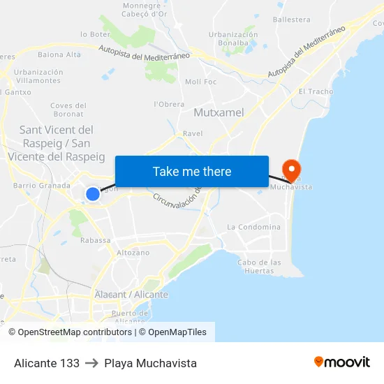 Alicante 133 to Playa Muchavista map