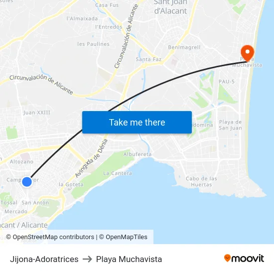Jijona-Adoratrices to Playa Muchavista map