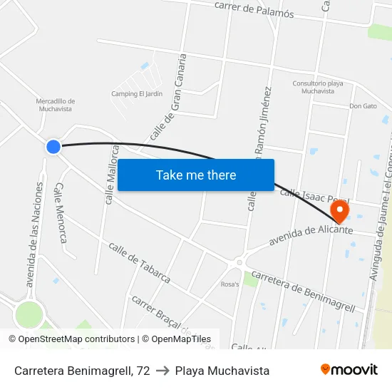 Carretera Benimagrell, 72 to Playa Muchavista map