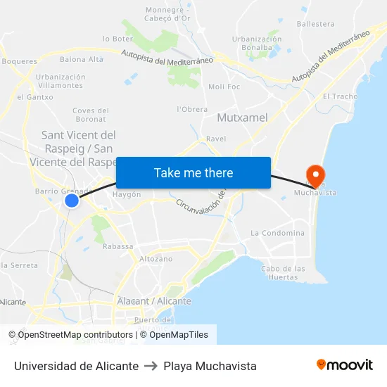 Universidad de Alicante to Playa Muchavista map