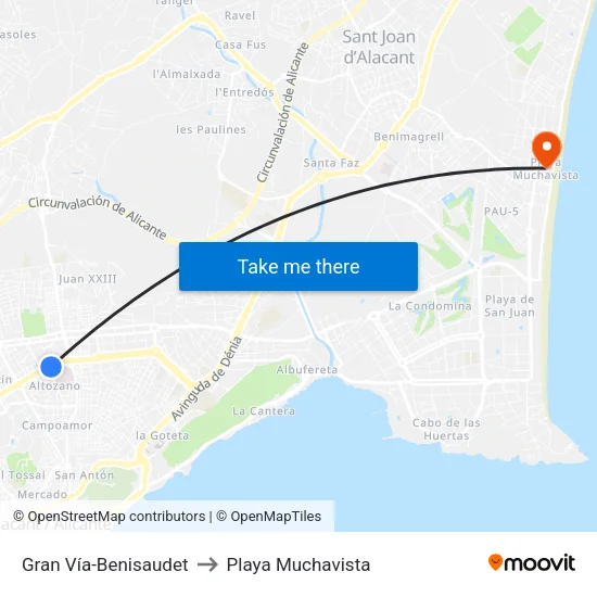Gran Vía-Benisaudet to Playa Muchavista map