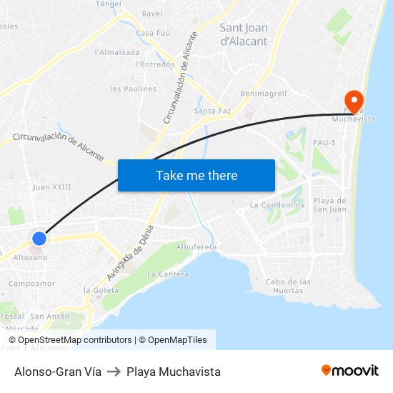 Alonso-Gran Vía to Playa Muchavista map