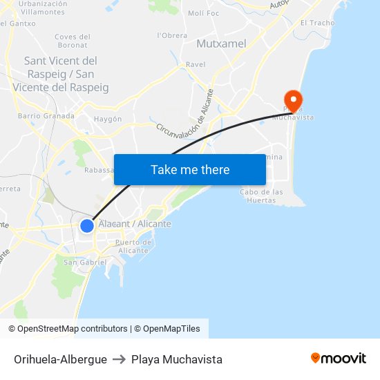 Orihuela-Albergue to Playa Muchavista map