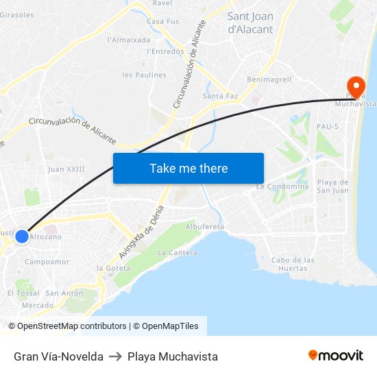 Gran Vía-Novelda to Playa Muchavista map