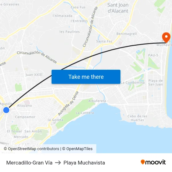 Mercadillo-Gran Vía to Playa Muchavista map