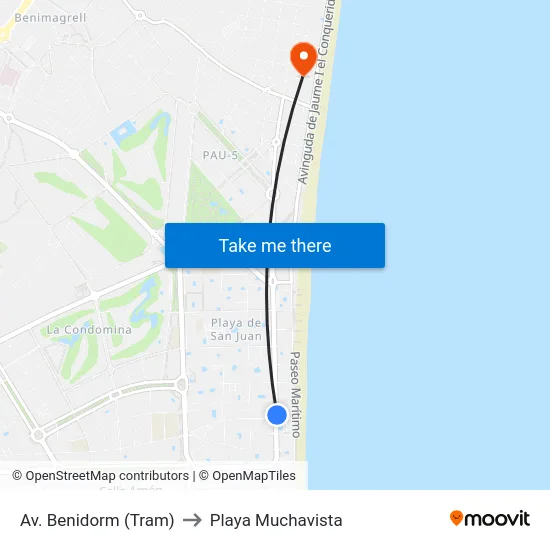 Av. Benidorm (Tram) to Playa Muchavista map