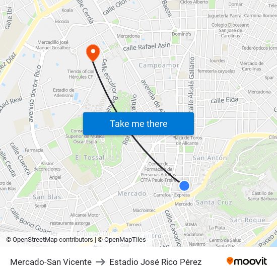 Mercado-San Vicente to Estadio José Rico Pérez map