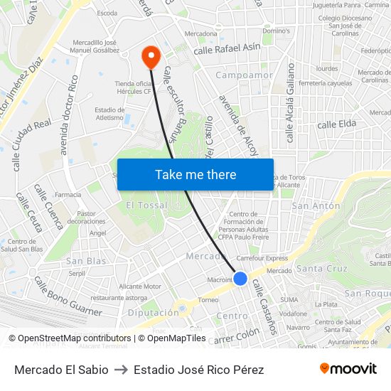 Mercado El Sabio to Estadio José Rico Pérez map