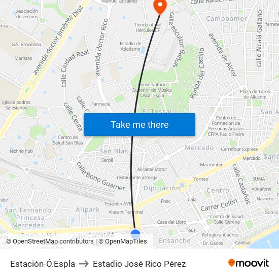 Estación-Ó.Espla to Estadio José Rico Pérez map