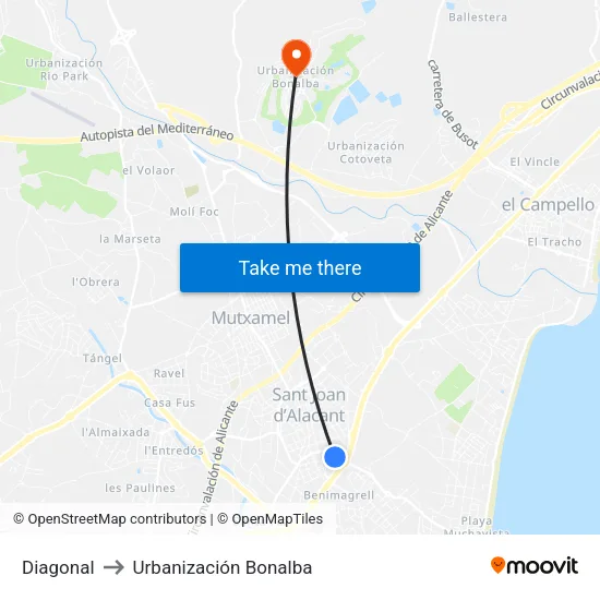 Diagonal to Urbanización Bonalba map