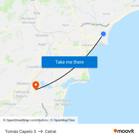 Tomás Capelo 3 to Catral map