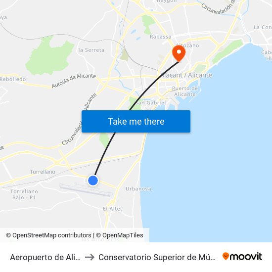 Aeropuerto de Alicante (2º) to Conservatorio Superior de Música Óscar Esplá map