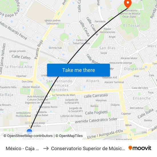 México - Caja Ahorros to Conservatorio Superior de Música Óscar Esplá map