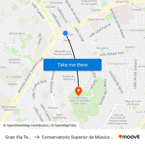 Gran Vía-Teulada to Conservatorio Superior de Música Óscar Esplá map