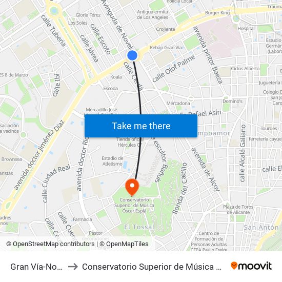 Gran Vía-Novelda to Conservatorio Superior de Música Óscar Esplá map