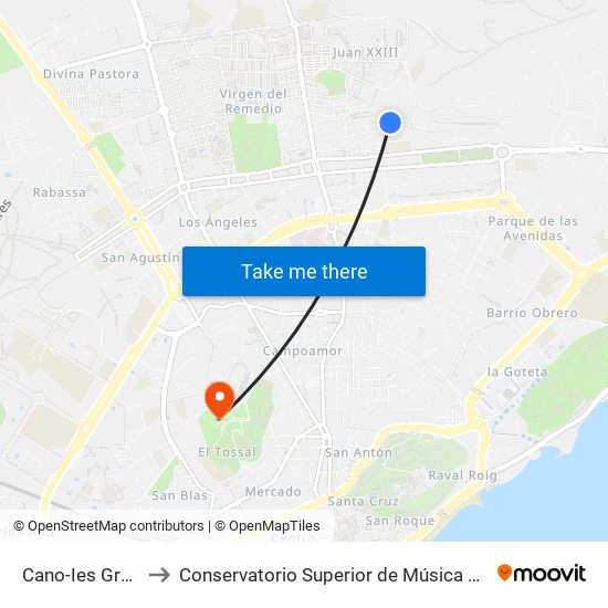 Cano-Ies Gran Vía to Conservatorio Superior de Música Óscar Esplá map