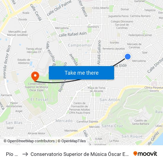 Pío XII to Conservatorio Superior de Música Óscar Esplá map