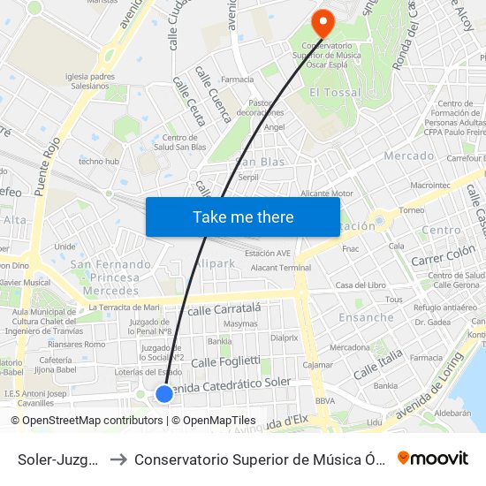 Soler-Juzgados to Conservatorio Superior de Música Óscar Esplá map