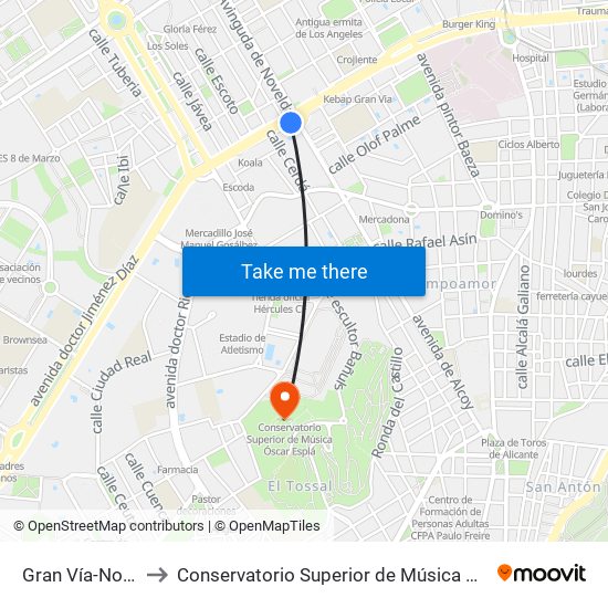 Gran Vía-Novelda to Conservatorio Superior de Música Óscar Esplá map