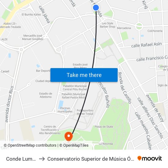 Conde Lumiares to Conservatorio Superior de Música Óscar Esplá map