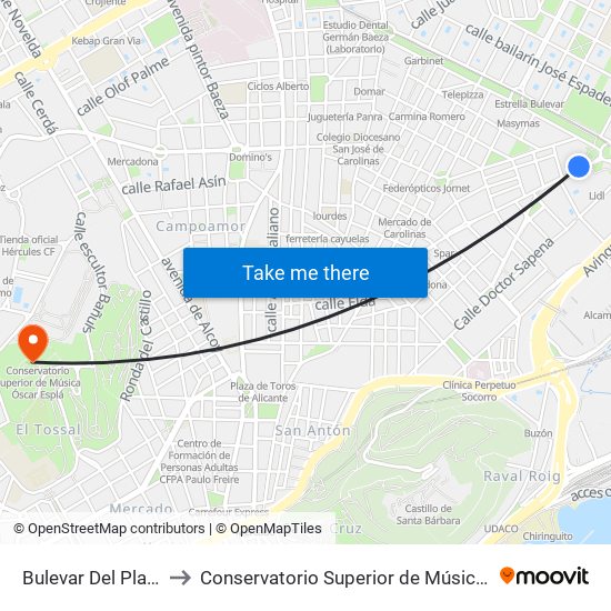 Bulevar Del Pla (Tram) to Conservatorio Superior de Música Óscar Esplá map