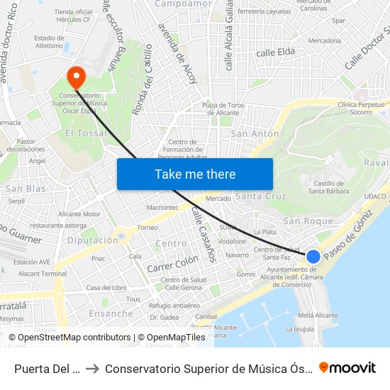 Puerta Del Mar to Conservatorio Superior de Música Óscar Esplá map