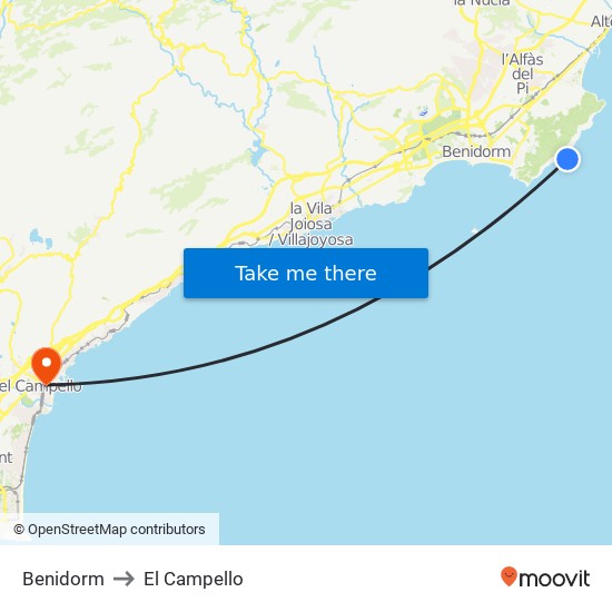 Benidorm to El Campello map