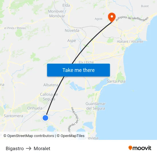 Bigastro to Moralet map