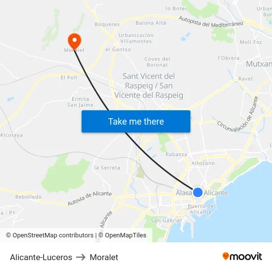 Alicante-Luceros to Moralet map